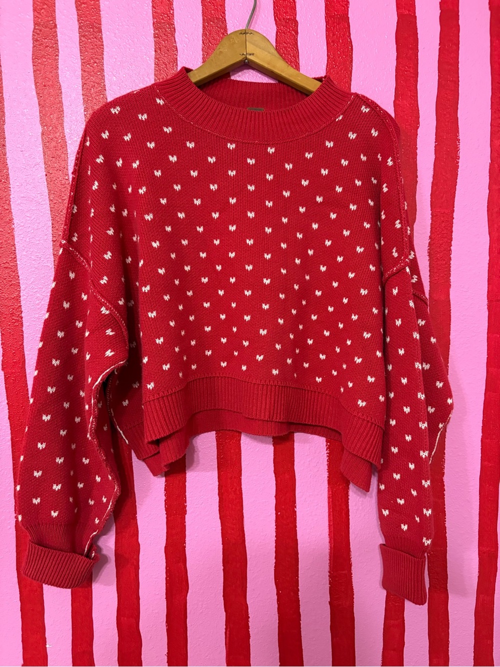 Free People Red Cropped Crewneck Sweater with White Micro Hearts